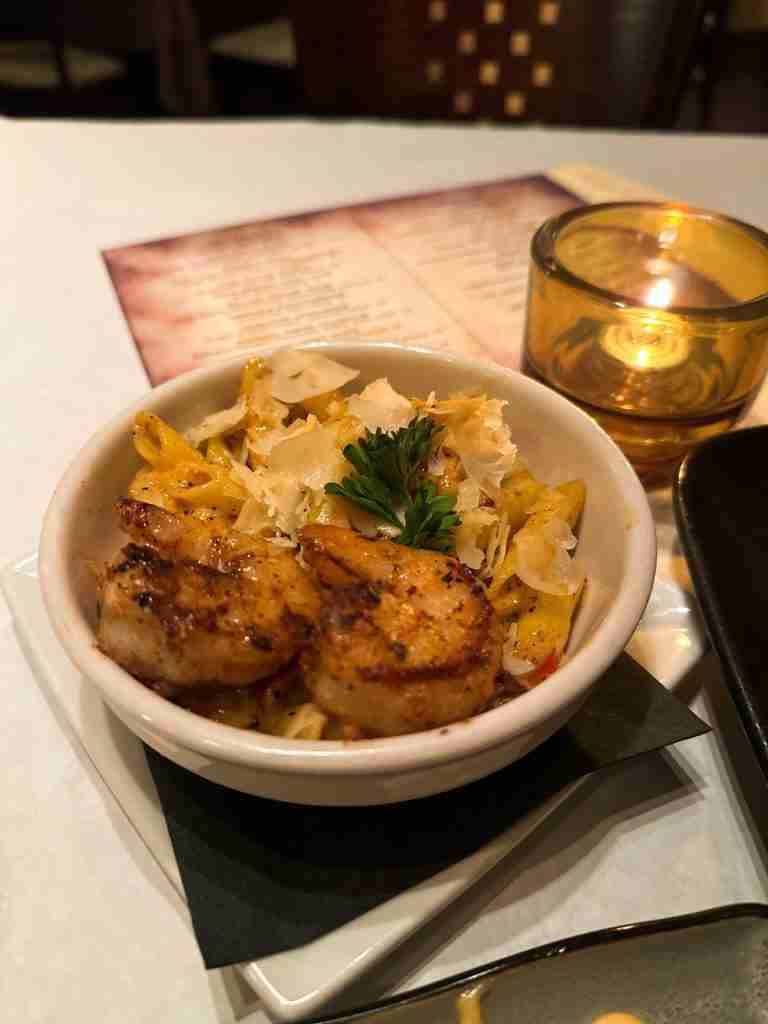 A bowl of blackened shrimp pasta at a restaurant in Portsmouth VA