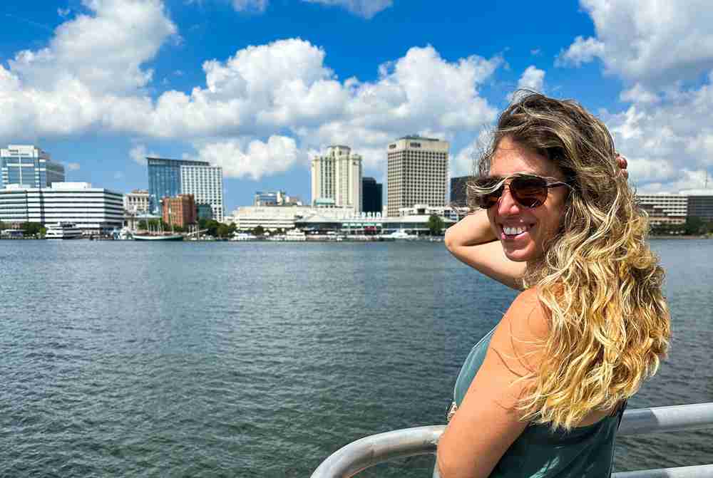 a girl rides the water taxi from Portsmouth VA to Norfolk VA